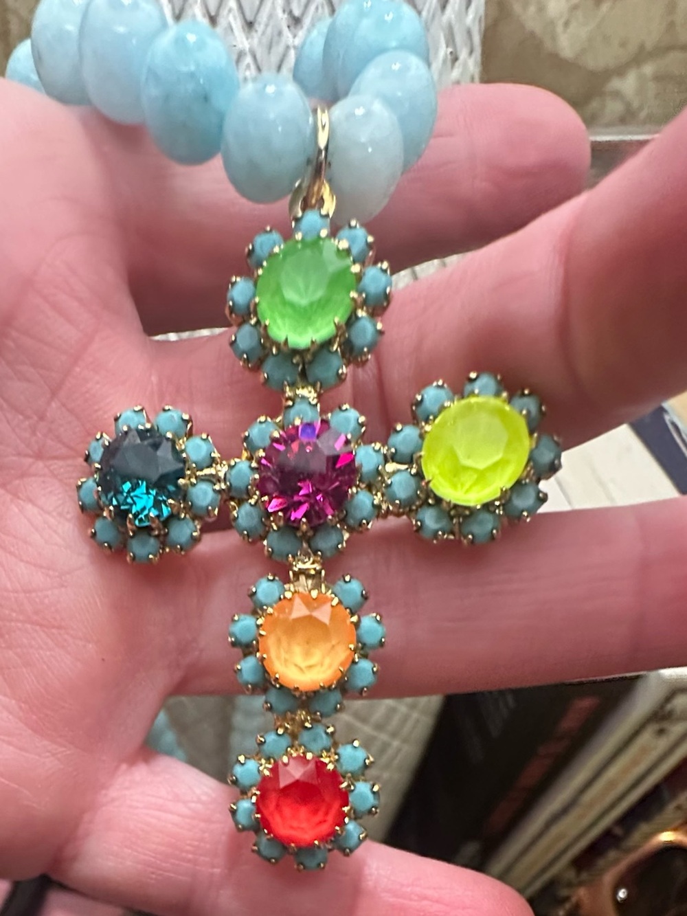 Tova BNWT Multicolor Beaded Cross Necklace in Light Blue - Picture 2 of 5